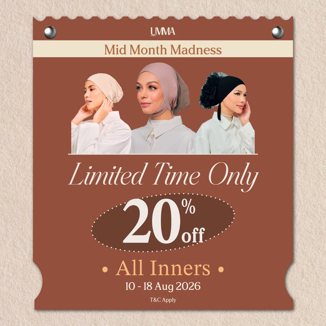 August Special: 20% OFF ALL INNERS 💖

Upgrade your daily wardrobe! Nikmati diskaun 20% untuk semua koleksi inner dan eksklusif untuk pembelian di website sahaja! 💻✨

🛒 Shop now: www.umma.my
⏳ Valid on 10–18 August only

#UMMAWomen #UMMAClothing #UMMAHijab #UMMAInner #InnerWear