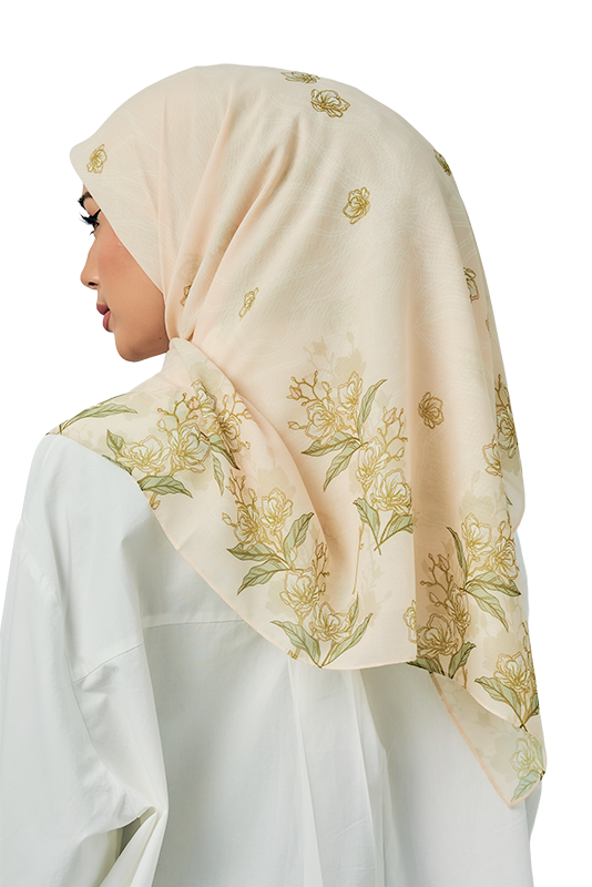 Peonia Cotton Voile Printed Square in Antique Vanilla
