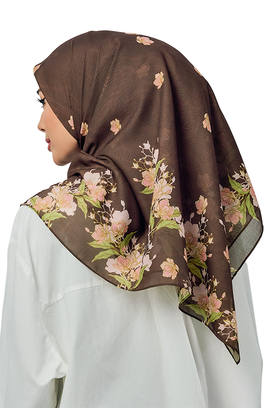 Peonia Cotton Voile Printed Square in Espresso Brown