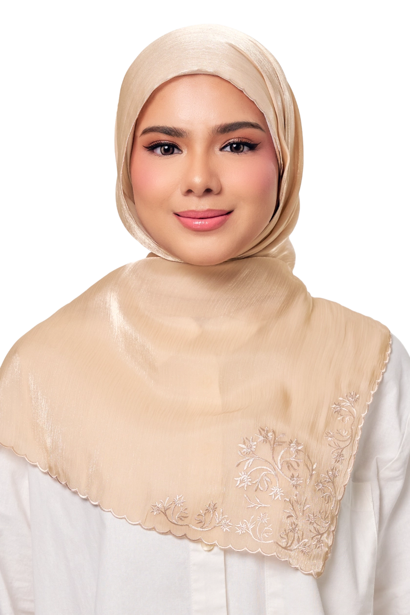 Sulam Juita Shiny Crinkle Satin Chiffon Scarf in Beige Indah