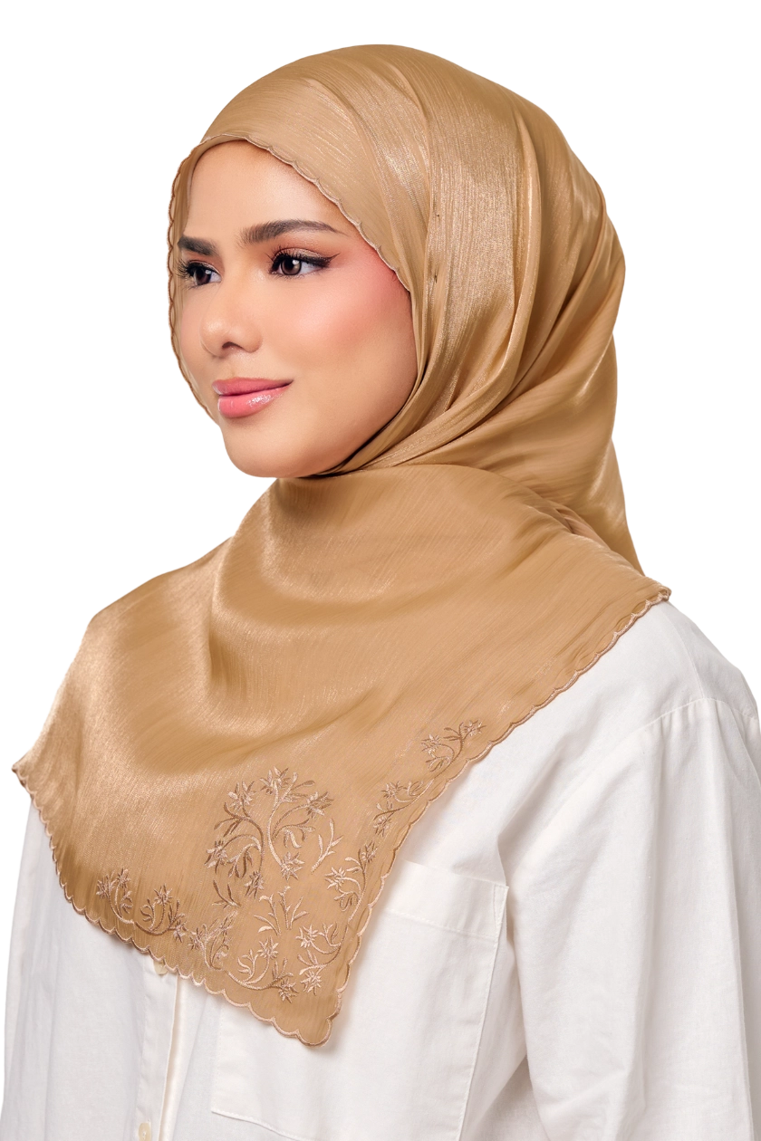 Sulam Juita Shiny Crinkle Satin Chiffon Scarf in Brown Budi
