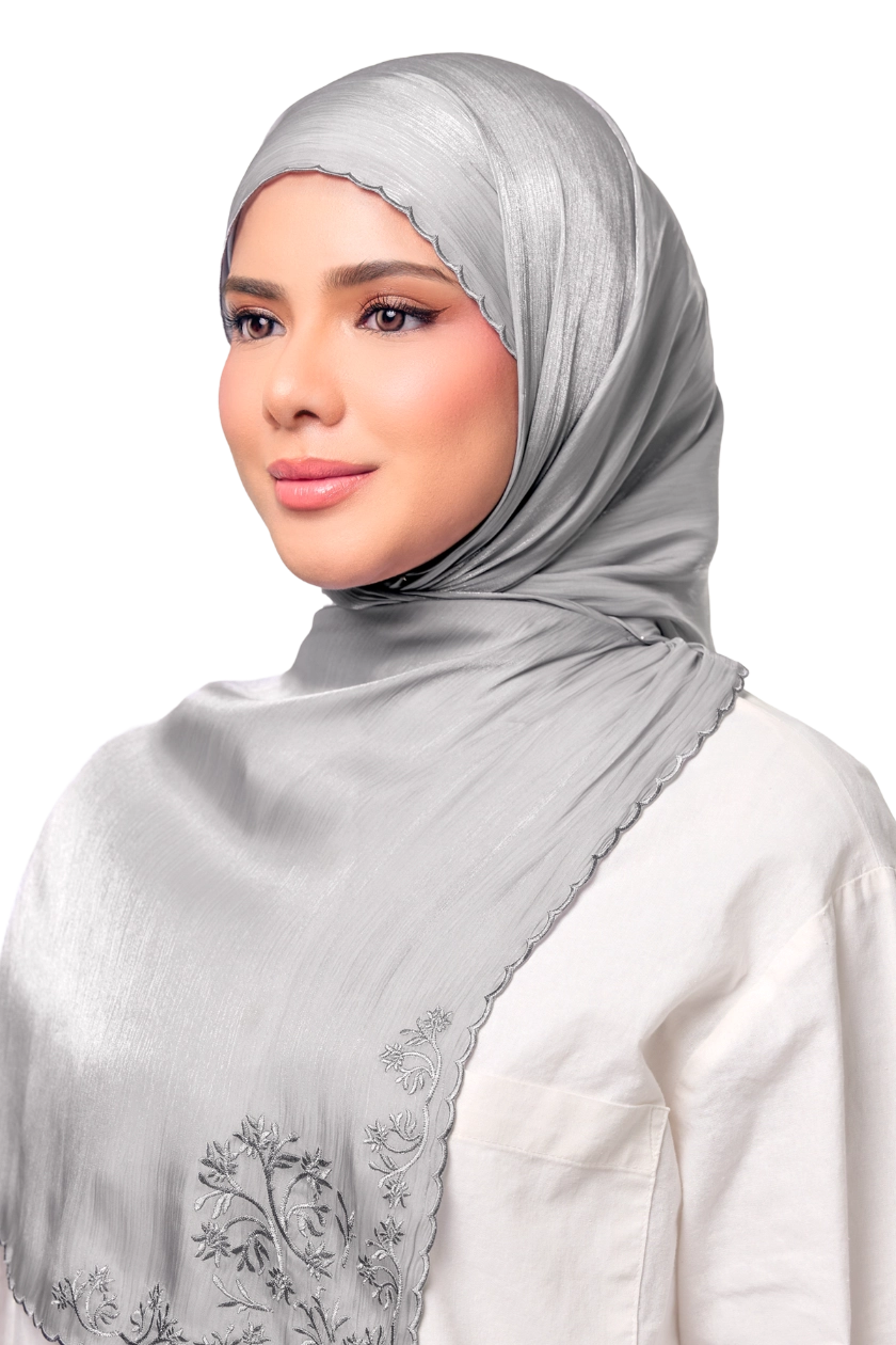 Sulam Juita Shiny Crinkle Satin Chiffon Scarf in Grey Elok