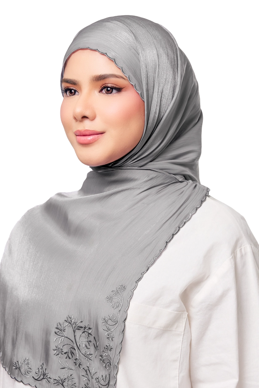 Sulam Juita Shiny Crinkle Satin Chiffon Scarf in Grey Gintih