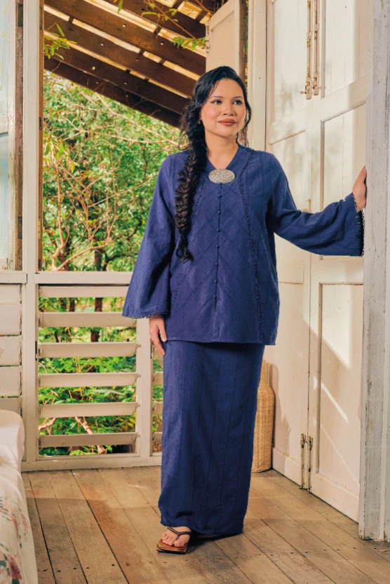 Seroja Loose Modern Kebaya in Navy Blue