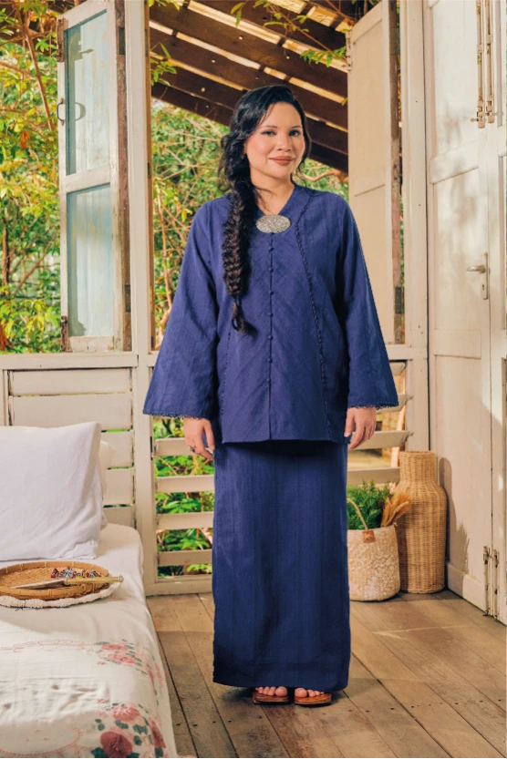 Seroja Loose Modern Kebaya in Navy Blue