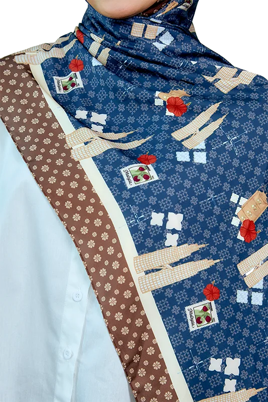 Jalur Jiwa Satin Printed Scarf in Brown & Blue