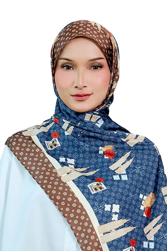 Jalur Jiwa Satin Printed Scarf in Brown & Blue