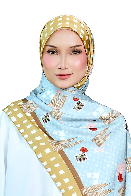 Jalur Jiwa Satin Printed Scarf in Green & Blue