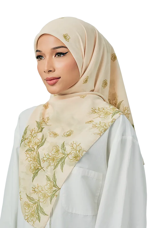 Peonia Cotton Voile Printed Square in Antique Vanilla