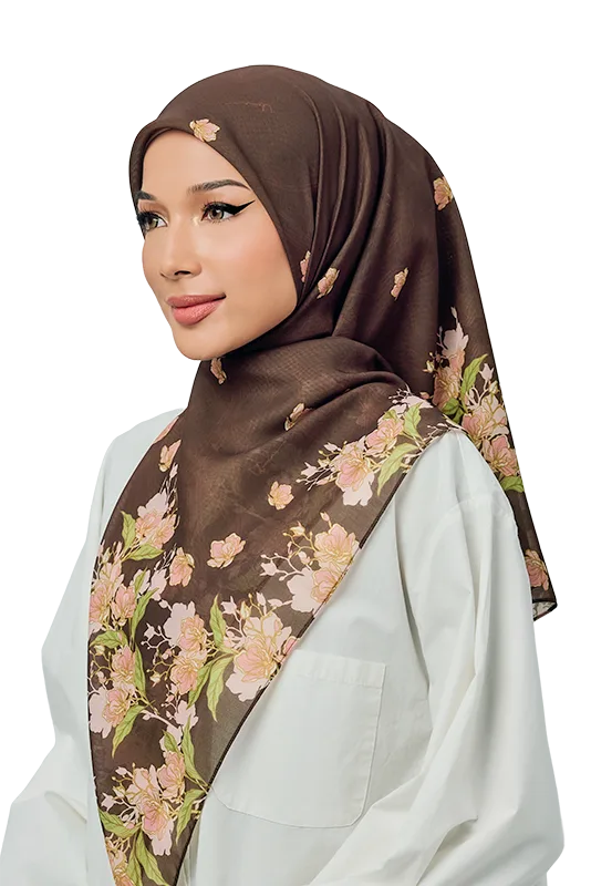 Peonia Cotton Voile Printed Square in Espresso Brown